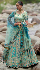 Contrasting Designer light blue lehenga on viscose with Zari, Hand, Thread, embroidery detailed work indian aspired work